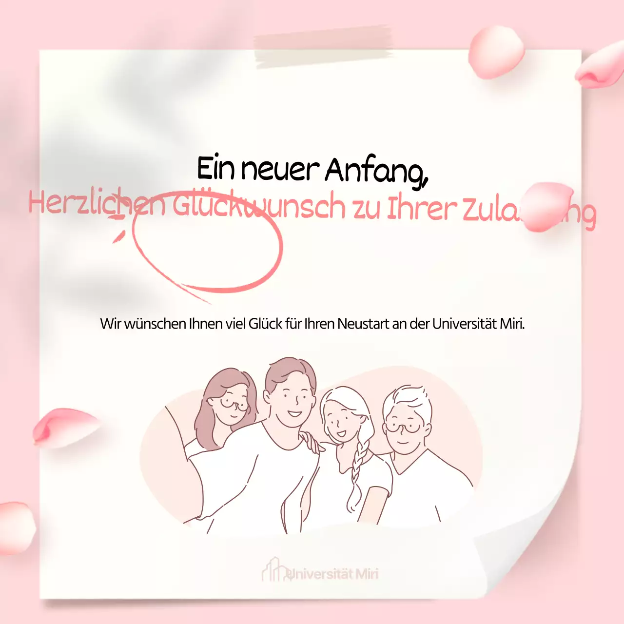 Petal Blasen Veranstaltung mit handschriftlichen Glückwünsche zur Zulassung Wortlaut auf einem rosa Notizblock Hintergrund