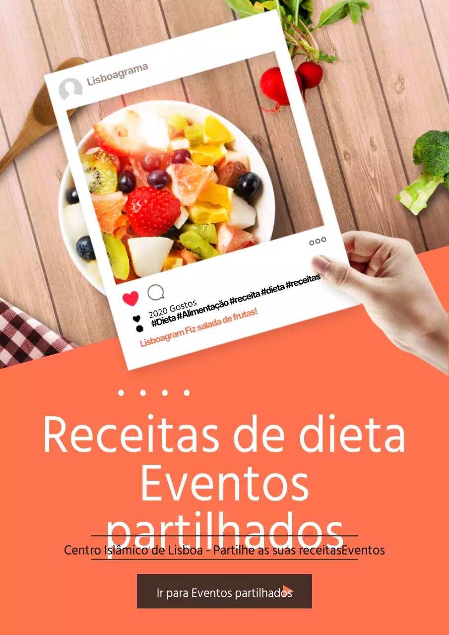 Promover um evento de partilha de receitas de dieta com uma salada de fruta de laranja e uma fotografia emoldurada nas redes sociais