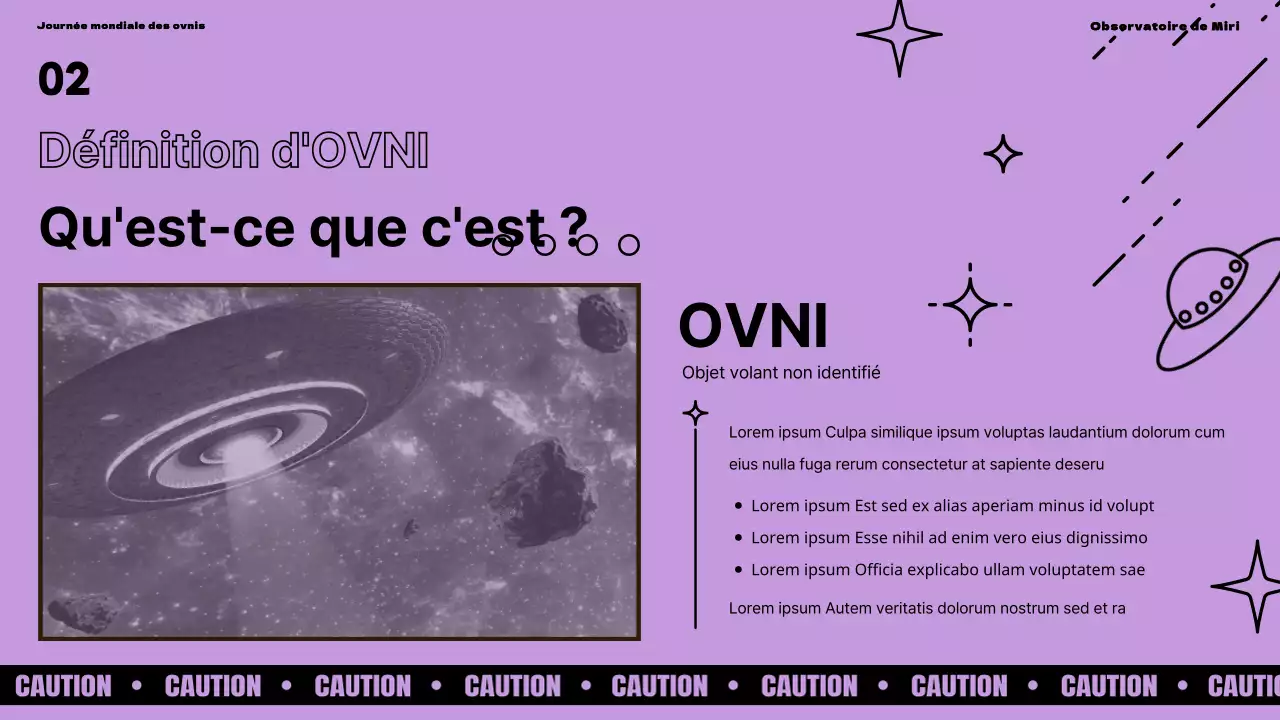 Présentation de la Journée mondiale des ovnis avec des accents violets et verts sur fond noir