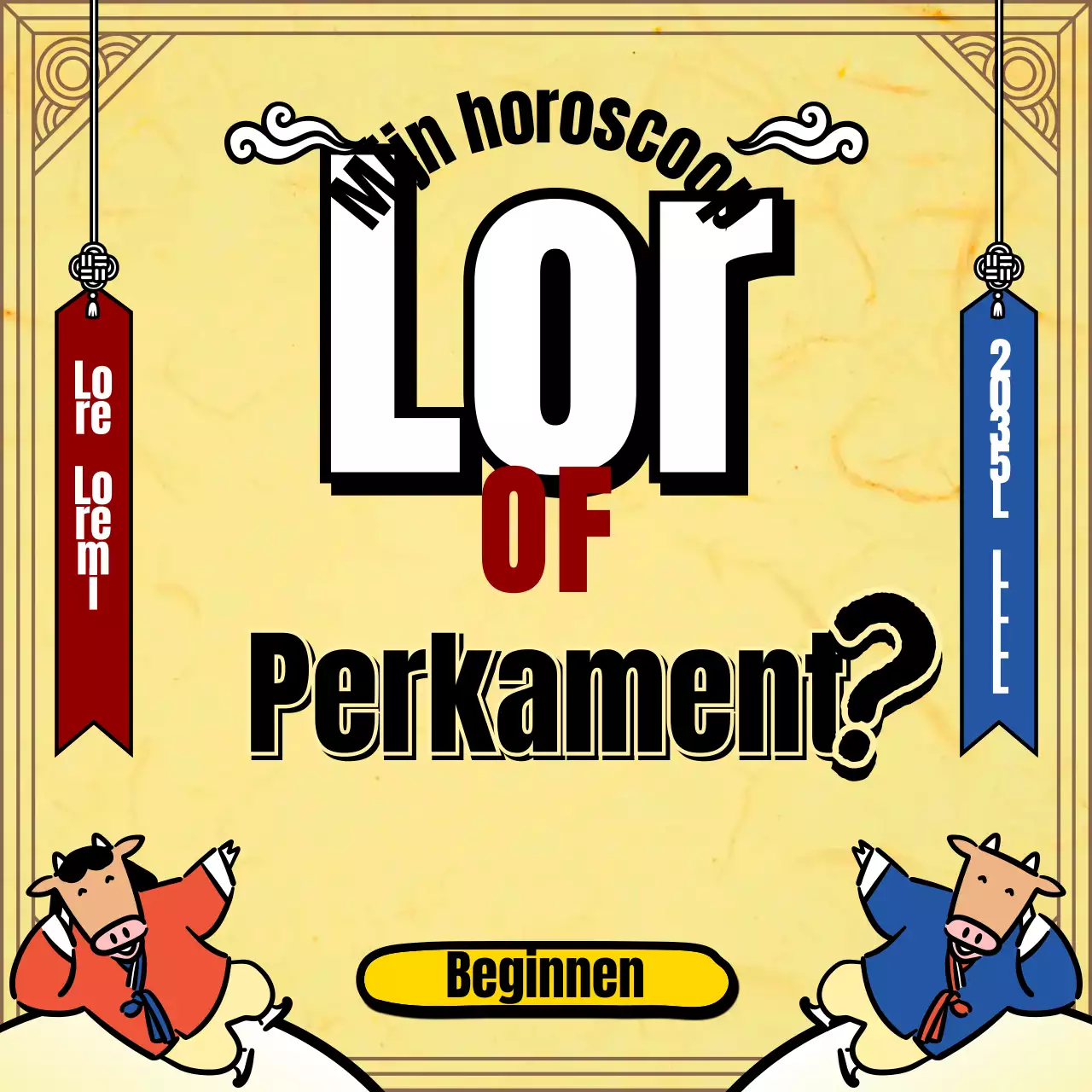 Nieuwjaarswaarzeggerij met de traditionele illustratie van een gele koe