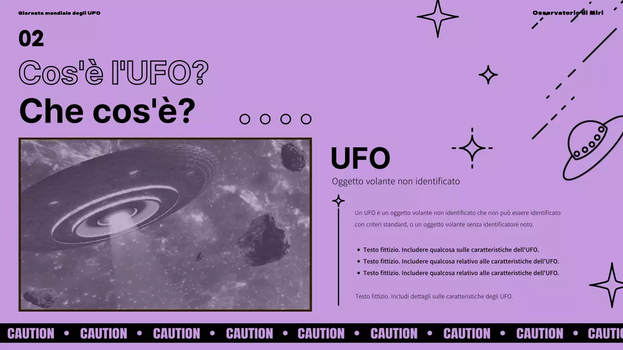 Presentazione della Giornata mondiale degli UFO con accenti viola e verdi su sfondo nero