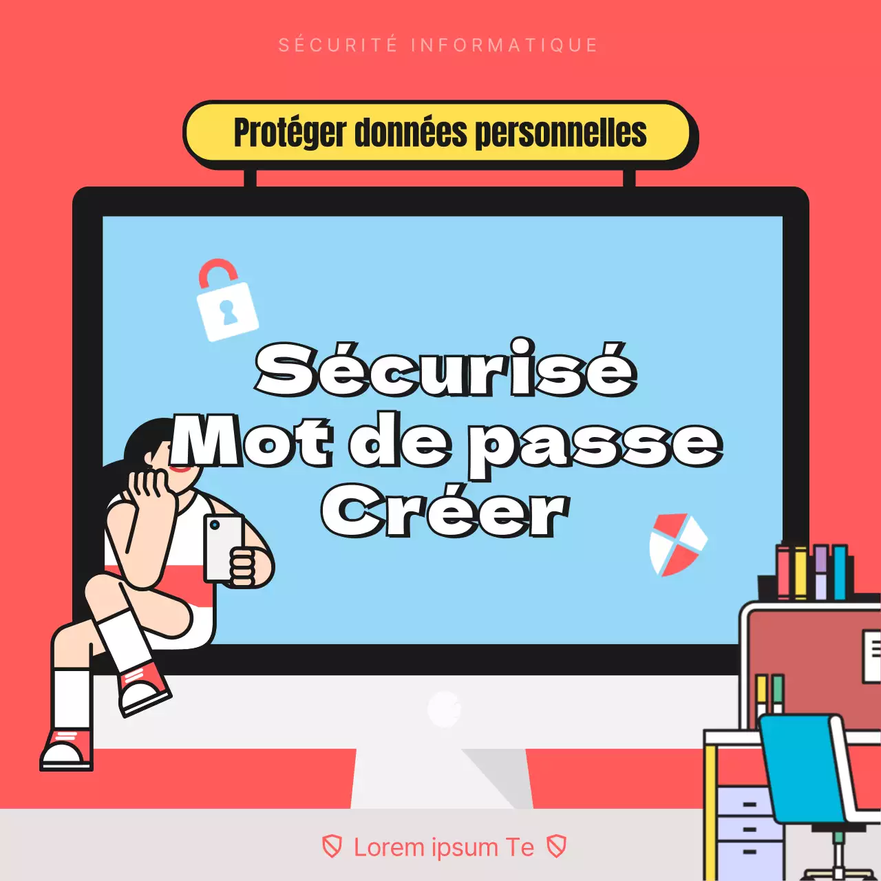 Campagne d'information sur la sécurité des mots de passe avec illustration rouge et bleu clair