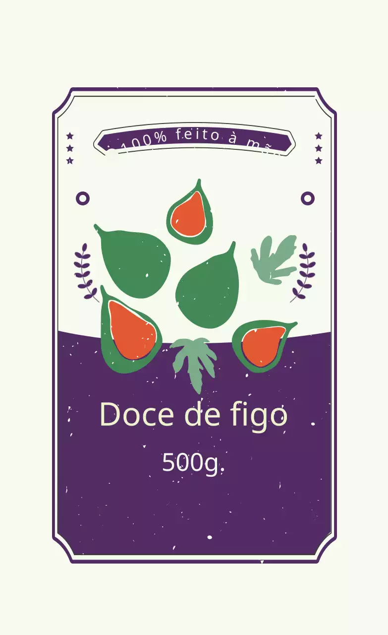 Rótulo artesanal de doce de figo ilustrado roxo verde vermelho
