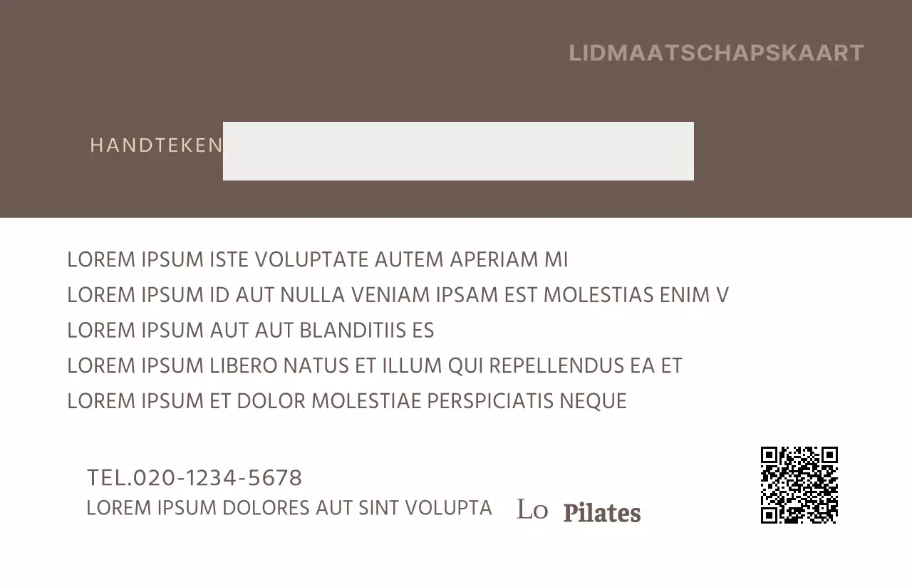 Pilates lidmaatschapskaart in eenvoudige logo-stijl in bruin en lichtgeel