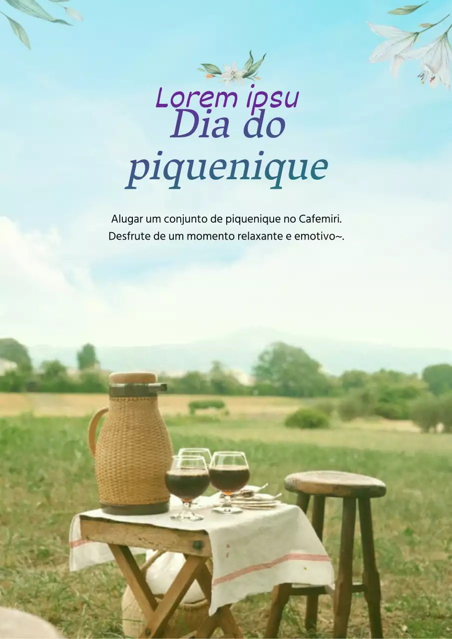 Promover o aluguer de conjuntos de piquenique destacando as fotografias a azul e verde