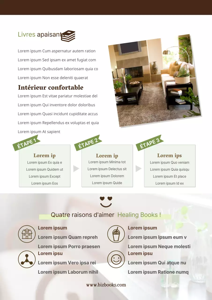 Promouvoir un concept émotionnel de café-livre avec des photos d'intérieurs bruns et verts