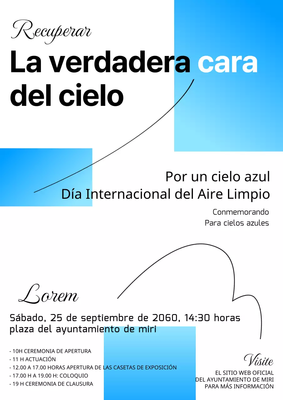 Anuncio de evento con fondo blanco y detalle de rectángulo degradado en azul claro V2