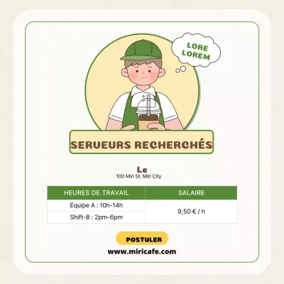 Annonce de recrutement de personnel de café avec de jolies illustrations dans les tons beige et vert V1