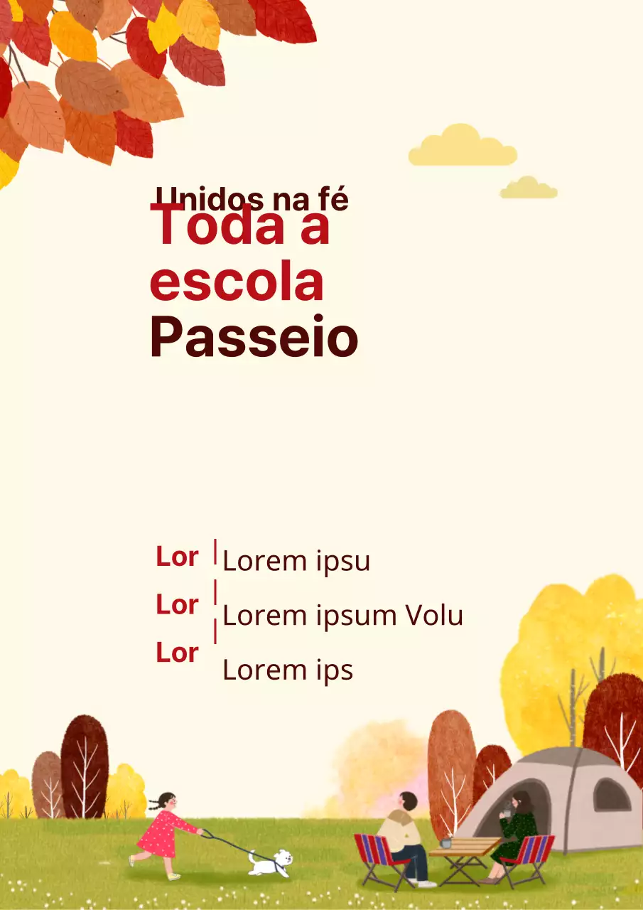 Promover um piquenique na igreja com uma ilustração de um cenário de campismo de outono em amarelo.