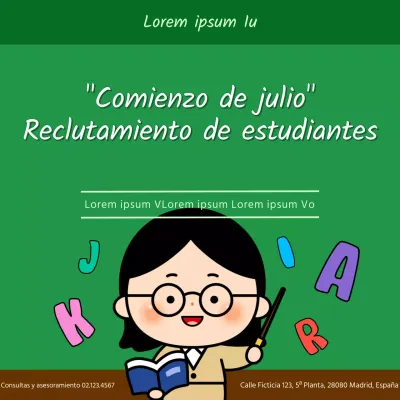 Profesor de inglés en el pizarrón verde promocionando la campaña de contratación de la escuela de idiomas.