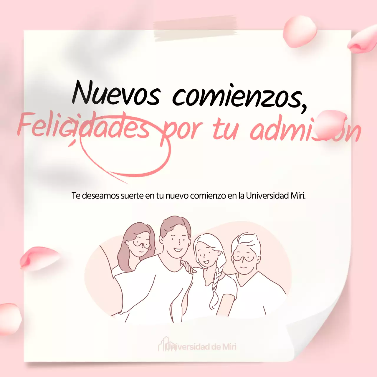 Evento de soplado de pétalos con texto manuscrito de felicitación por admisión sobre fondo de bloc de notas rosa.