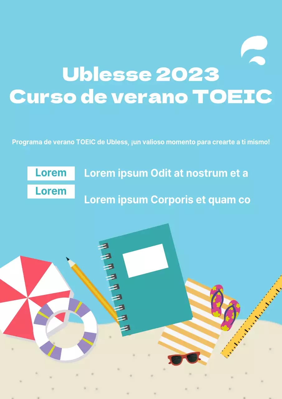 Promocionando el curso TOEIC de verano con una playa azul y varias ilustraciones de atrezzo