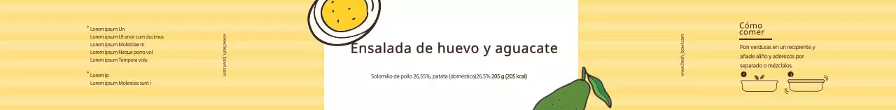 Etiqueta amarilla ilustrada de ensalada de huevo y aguacate