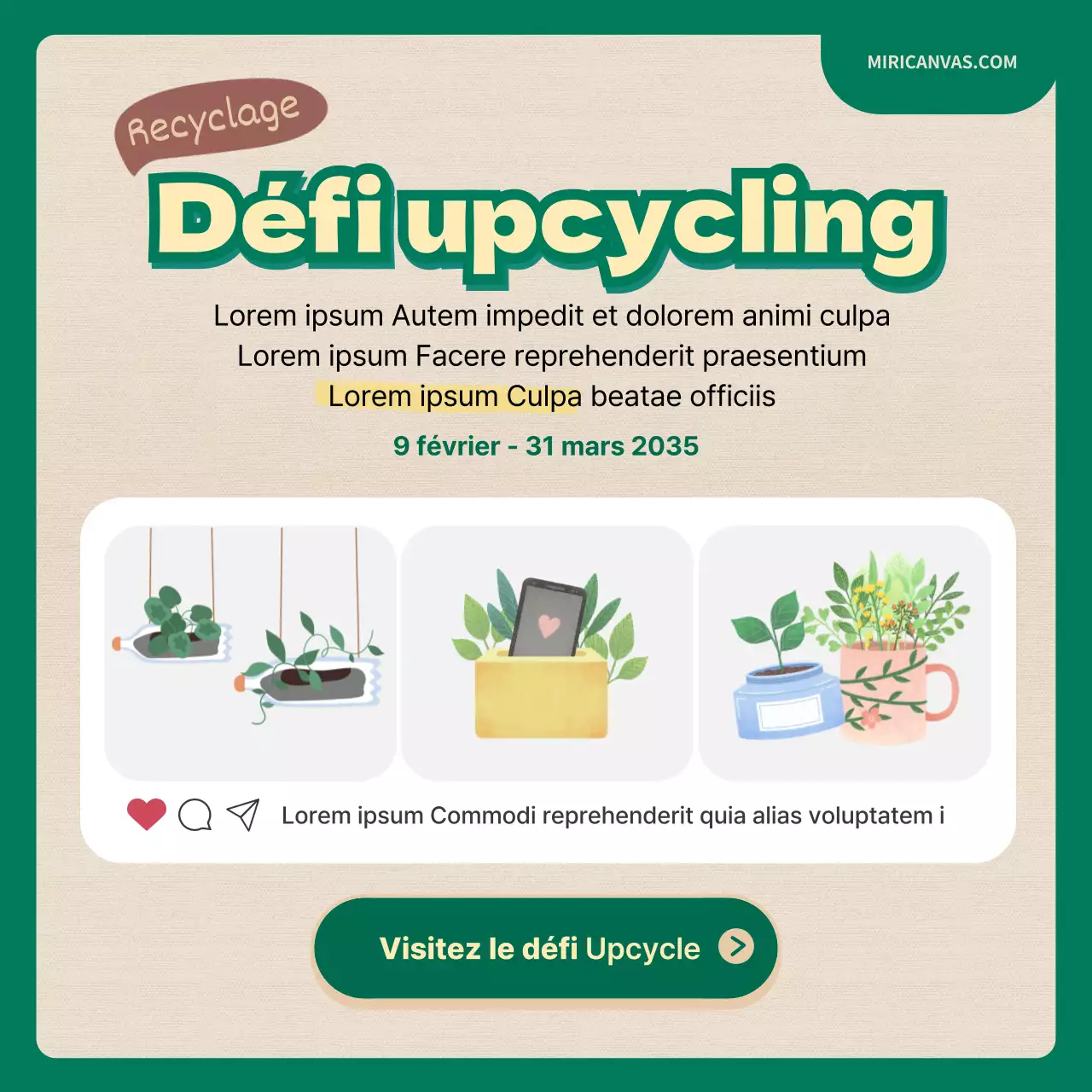 Défi de recyclage avec des illustrations vertes et beiges CardNews