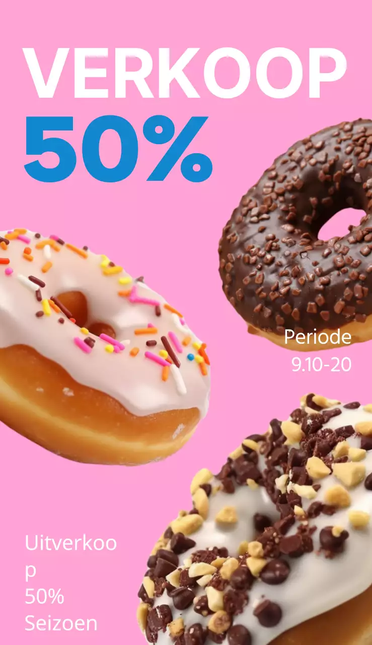 Een eenvoudig, kleurrijk billboard met tekst en foto's over een donutverkoop.
