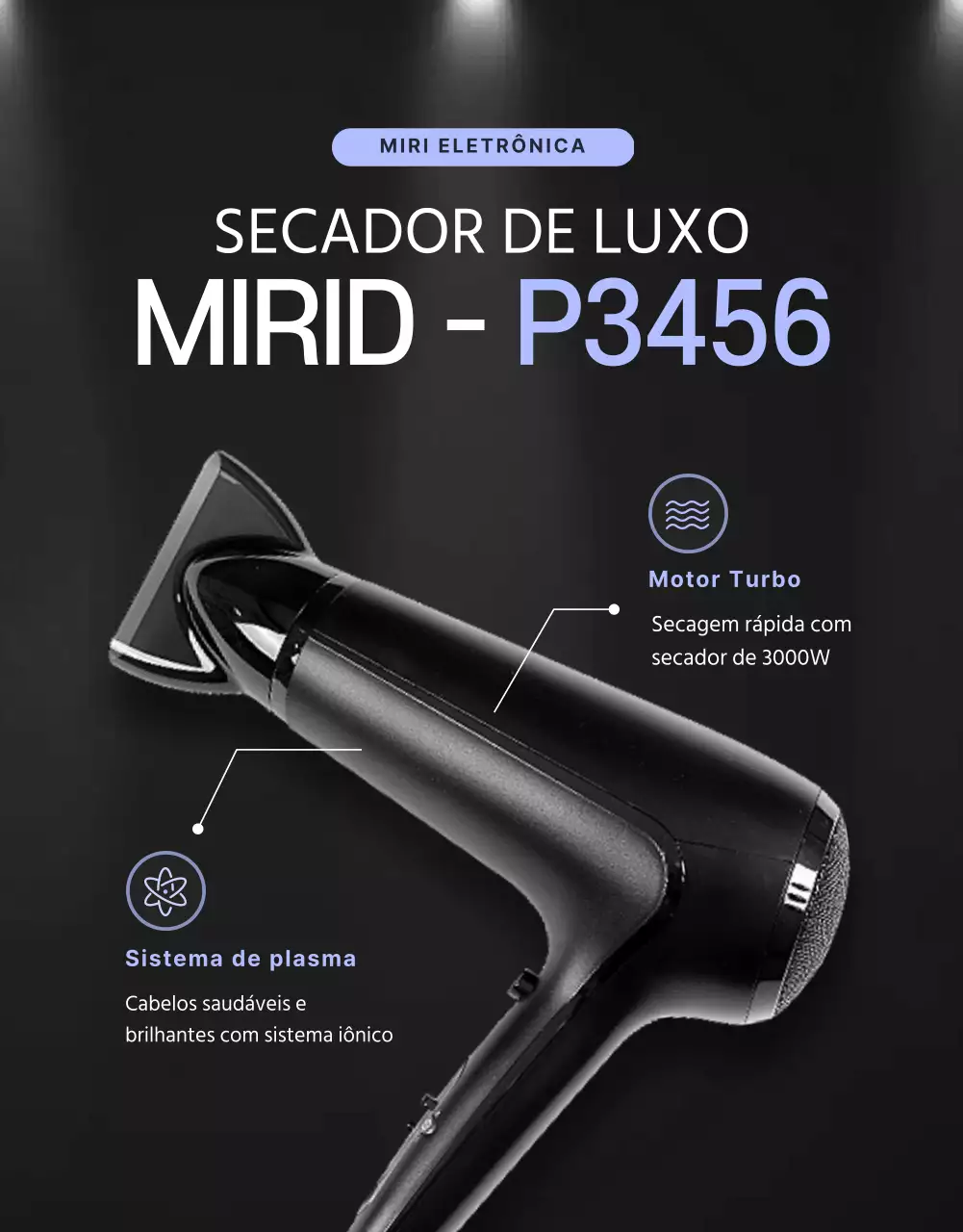 Secador de cabelo preto e roxo com um conceito clean