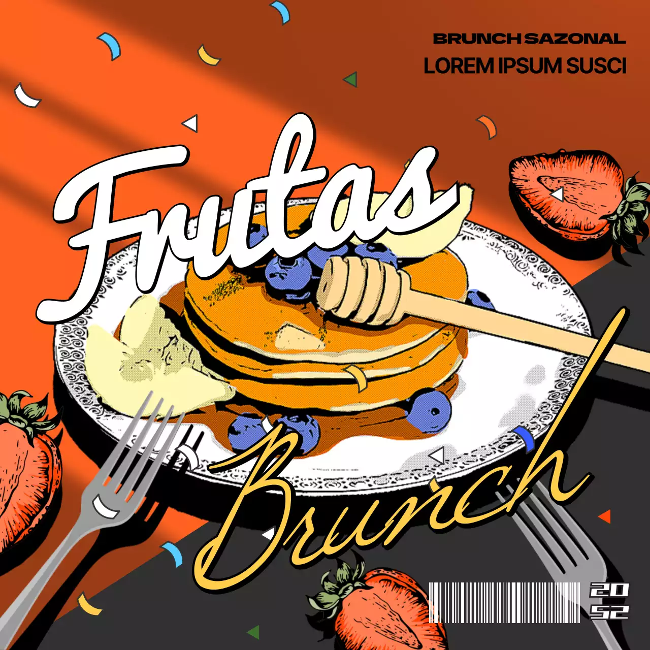 Apresentação do menu de brunch de fruta sazonal vermelho e preto