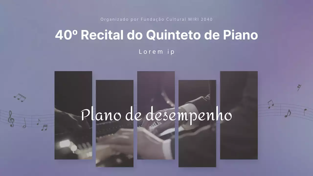 Um programa para um recital de piano em pastéis roxos calmantes.