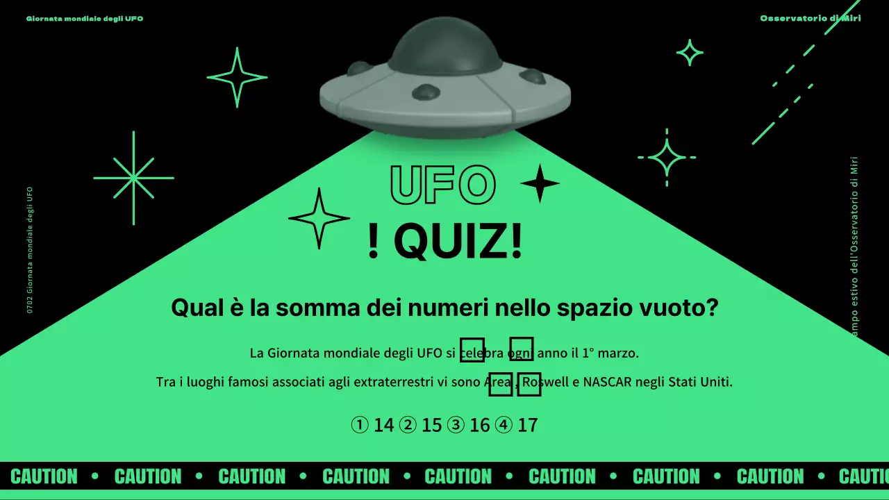 Presentazione della Giornata mondiale degli UFO con accenti viola e verdi su sfondo nero