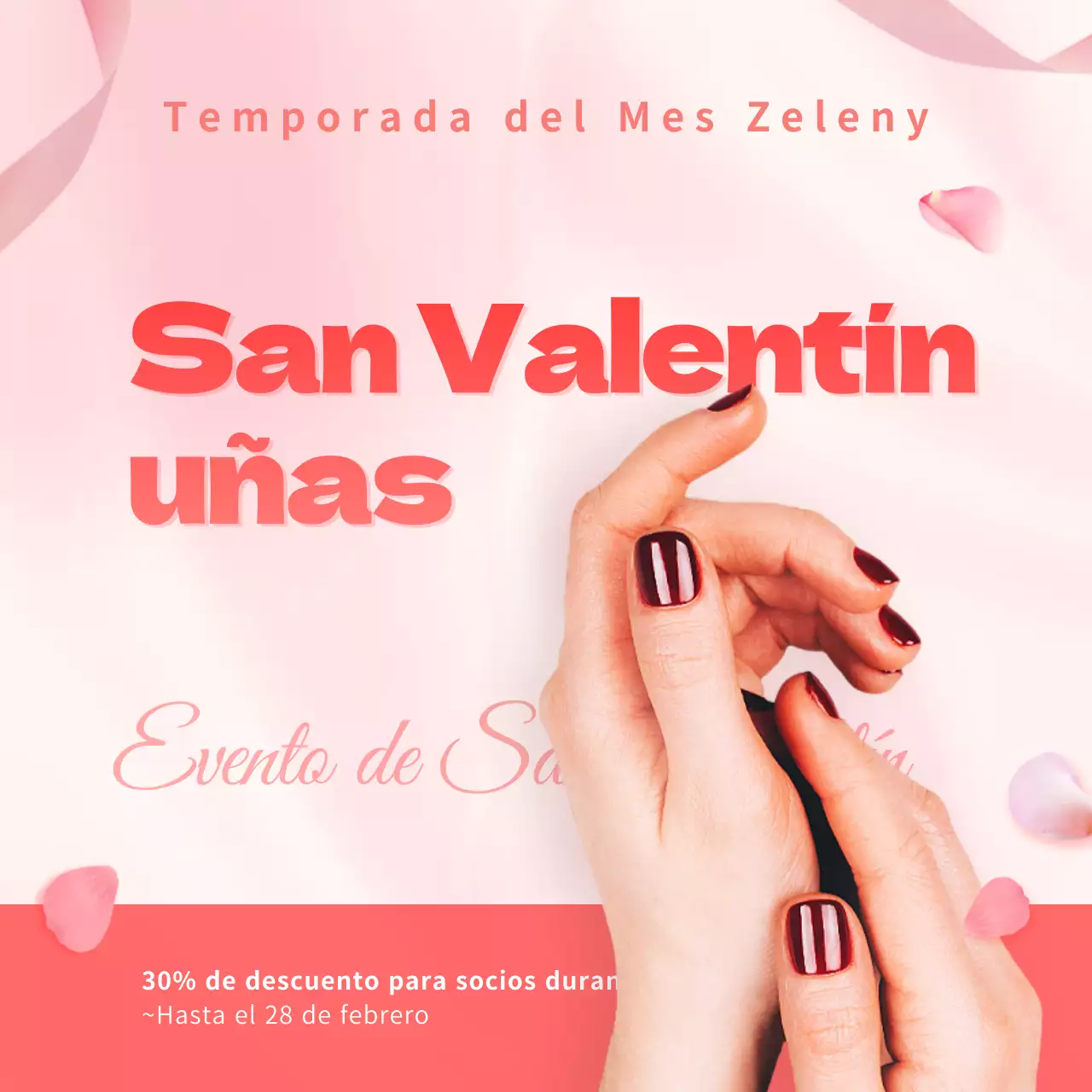 Evento de uñas de San Valentín Cuadrados de redes sociales en tonos rosas