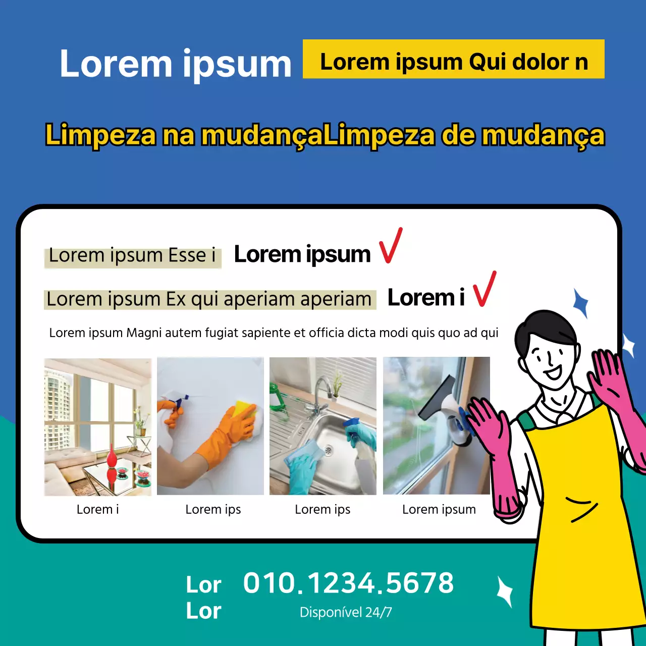 Ilustração azul amarela que promove a limpeza