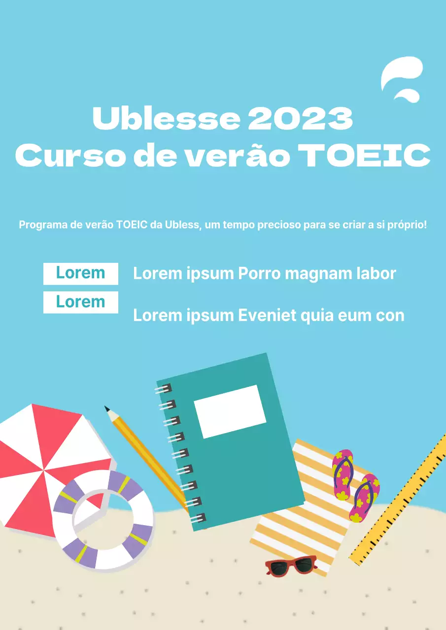 Promoção do curso TOEIC de verão com uma praia azul e várias ilustrações de adereços