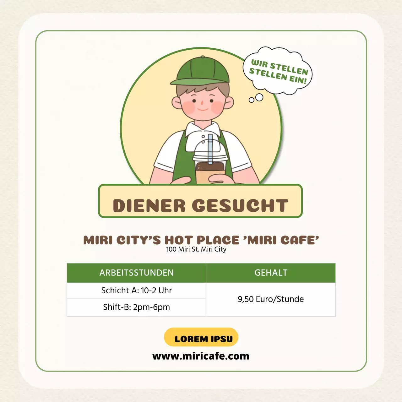 Personalanzeige für ein Café mit niedlichen Illustrationen in Beige und Grün V1