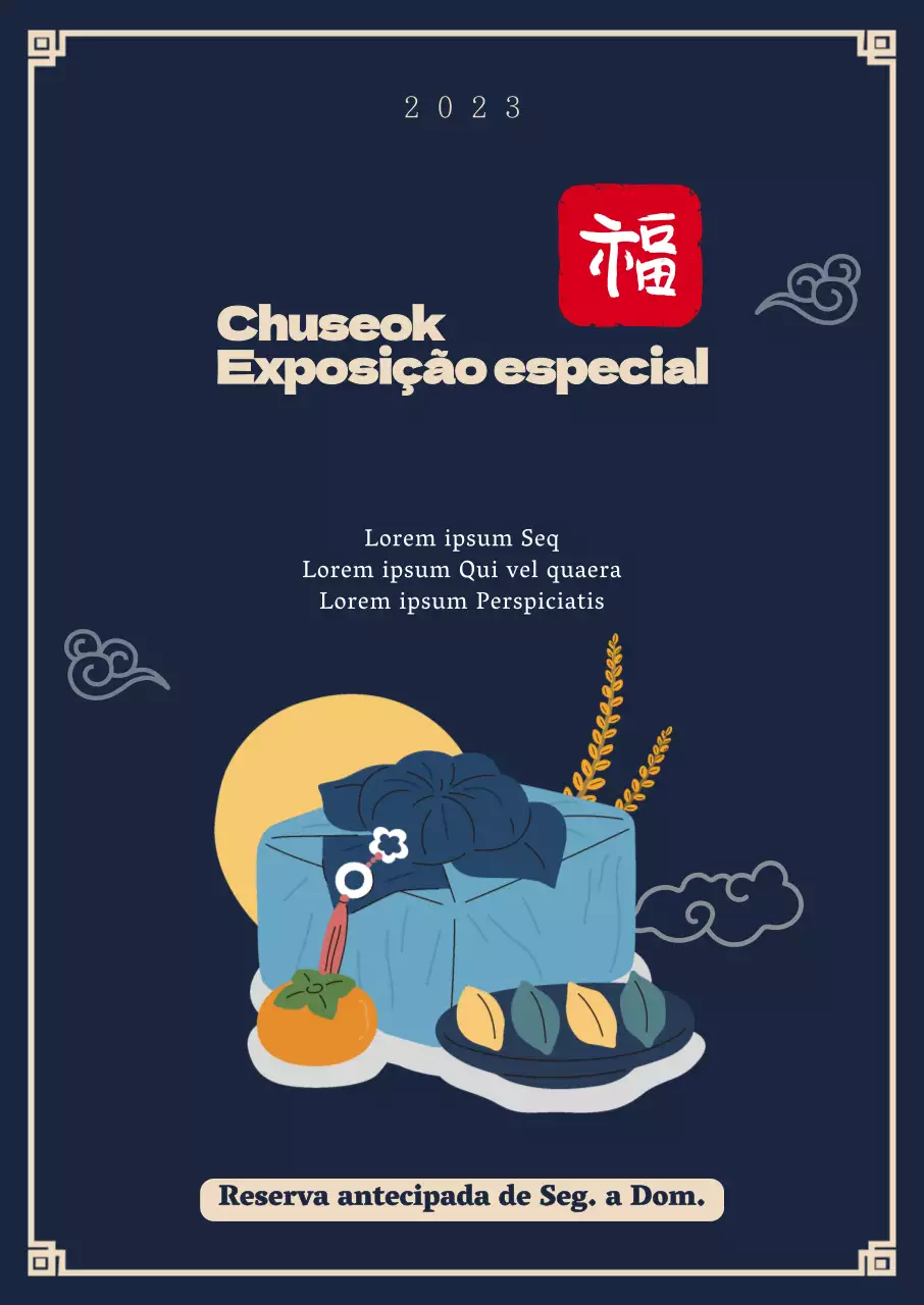 Cartaz da exposição Chuseok com ilustrações de presentes em fundo azul-marinho e um toque tradicional