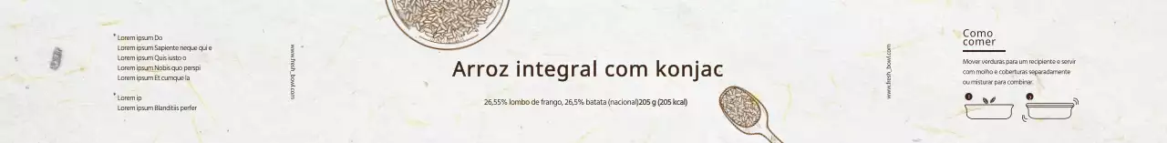Rótulo branco ilustrado com textura de arroz integral konjac