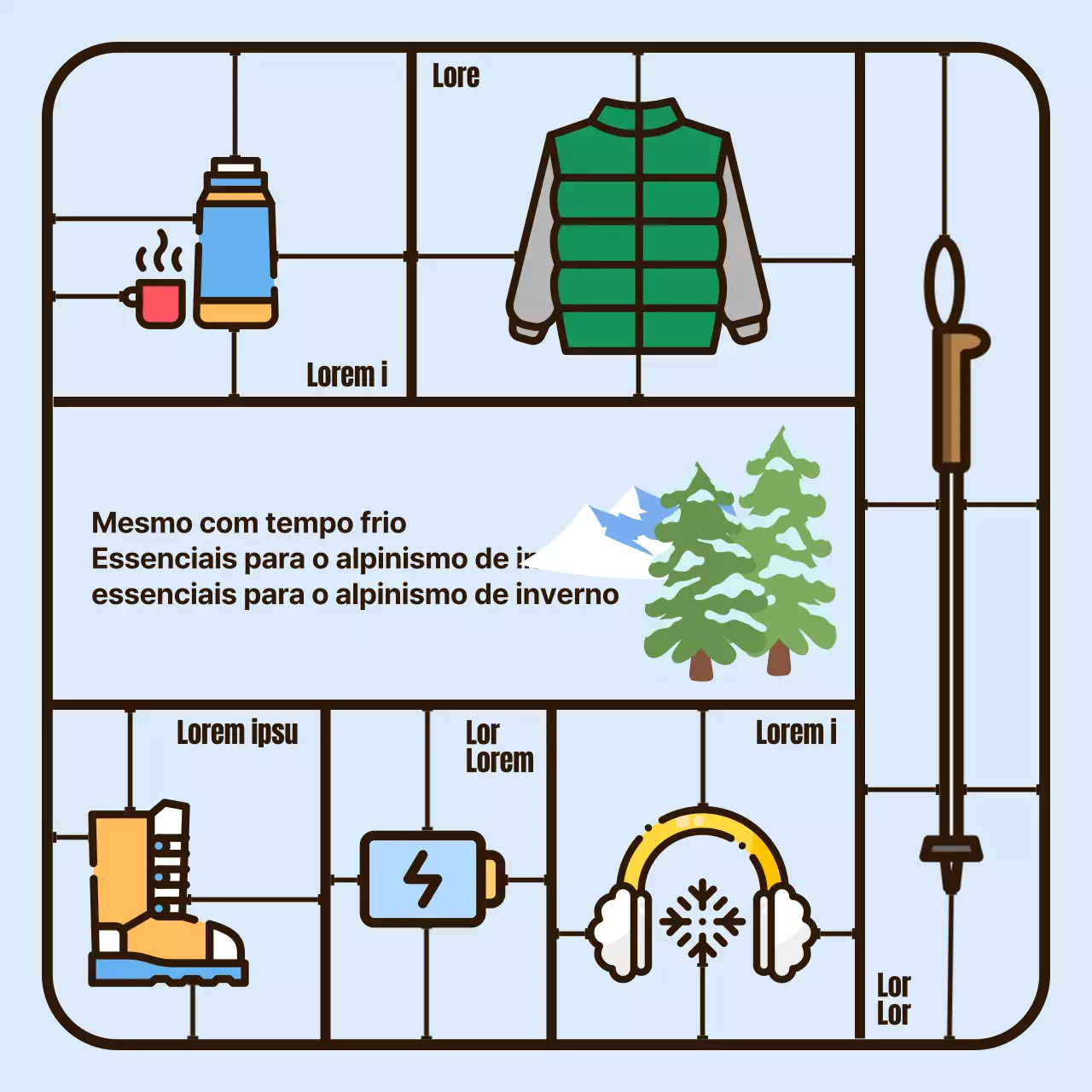 Conceito de ilustração de peças de construção de brinquedo simples para artigos essenciais de caminhadas de inverno