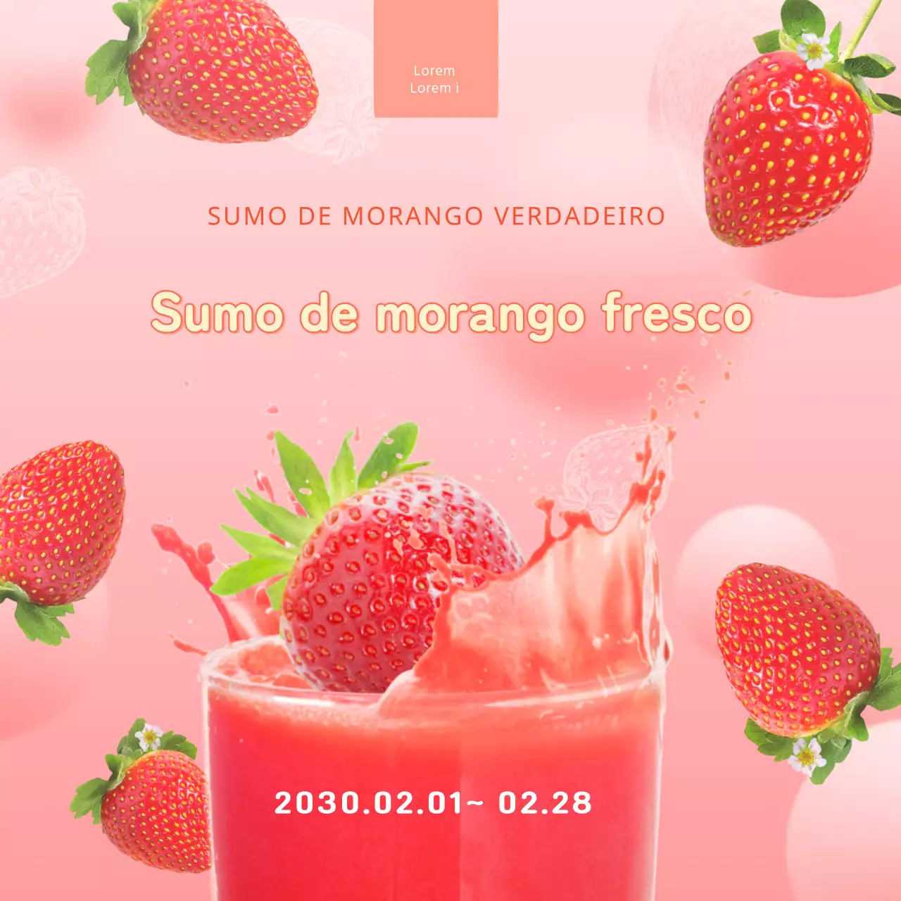 Apresentação do sumo de morango fresco, cor-de-rosa e refrescante