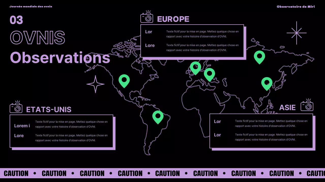 Présentation de la Journée mondiale des ovnis avec des accents violets et verts sur fond noir