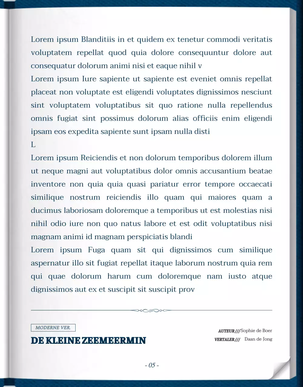 Web novel storytelling in blauw en wit met een stijlvol en elegant klassiek boekconcept