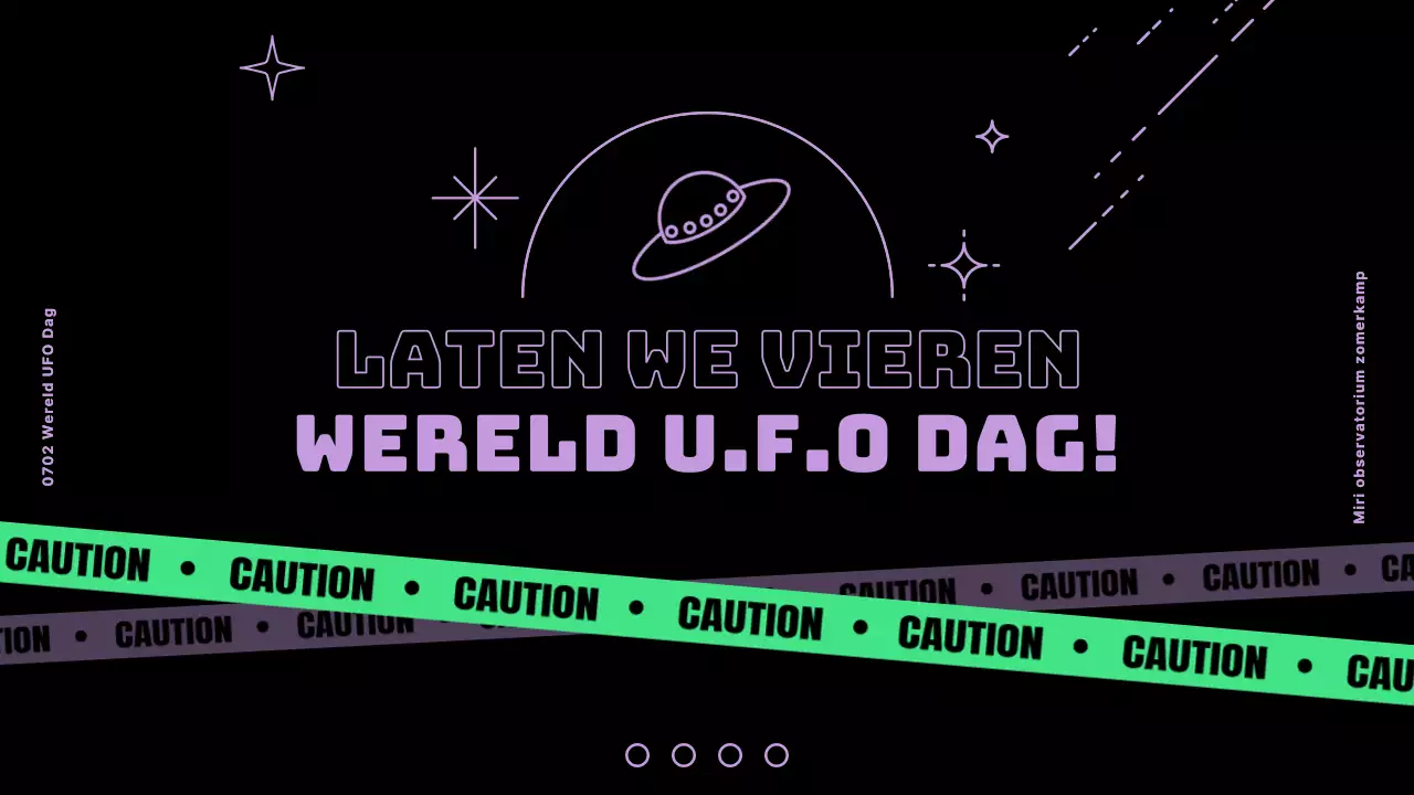 Wereld UFO Dag met paarse en groene accenten op een zwarte achtergrond