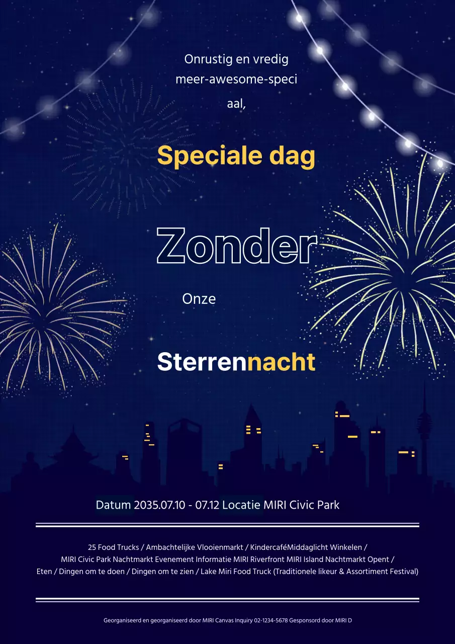 Nachtelijk festival met marinevuurwerk en stadsillustraties