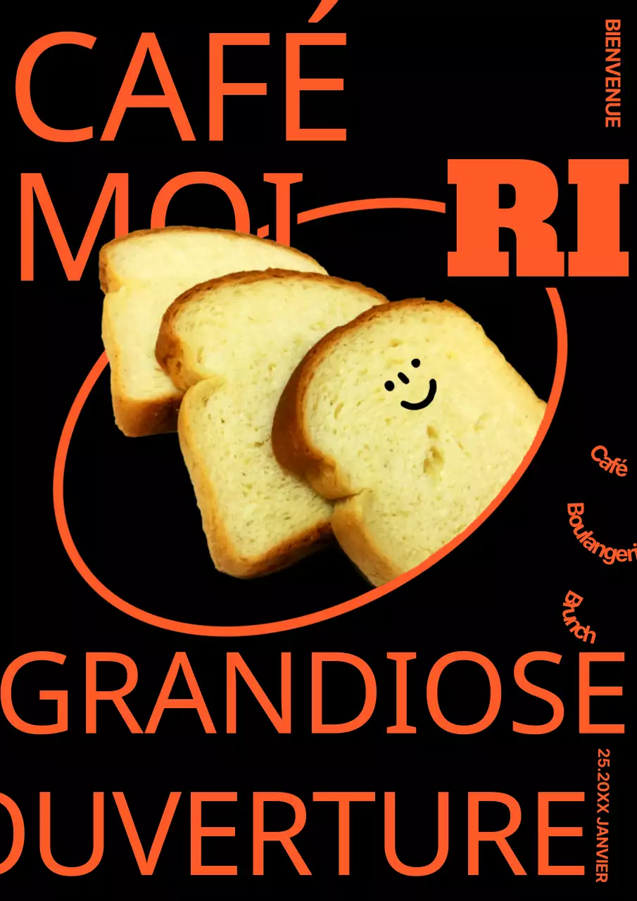 Ouverture d'une boulangerie-café branchée en noir et orange fluo (web poster vertical)