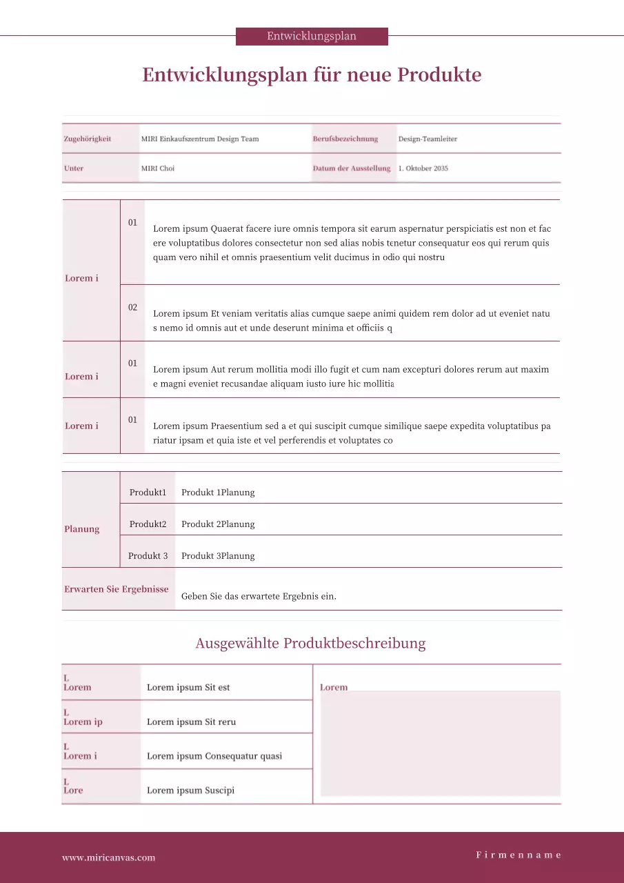 Roter, tabellarischer Entwicklungsplan für neue Produkte