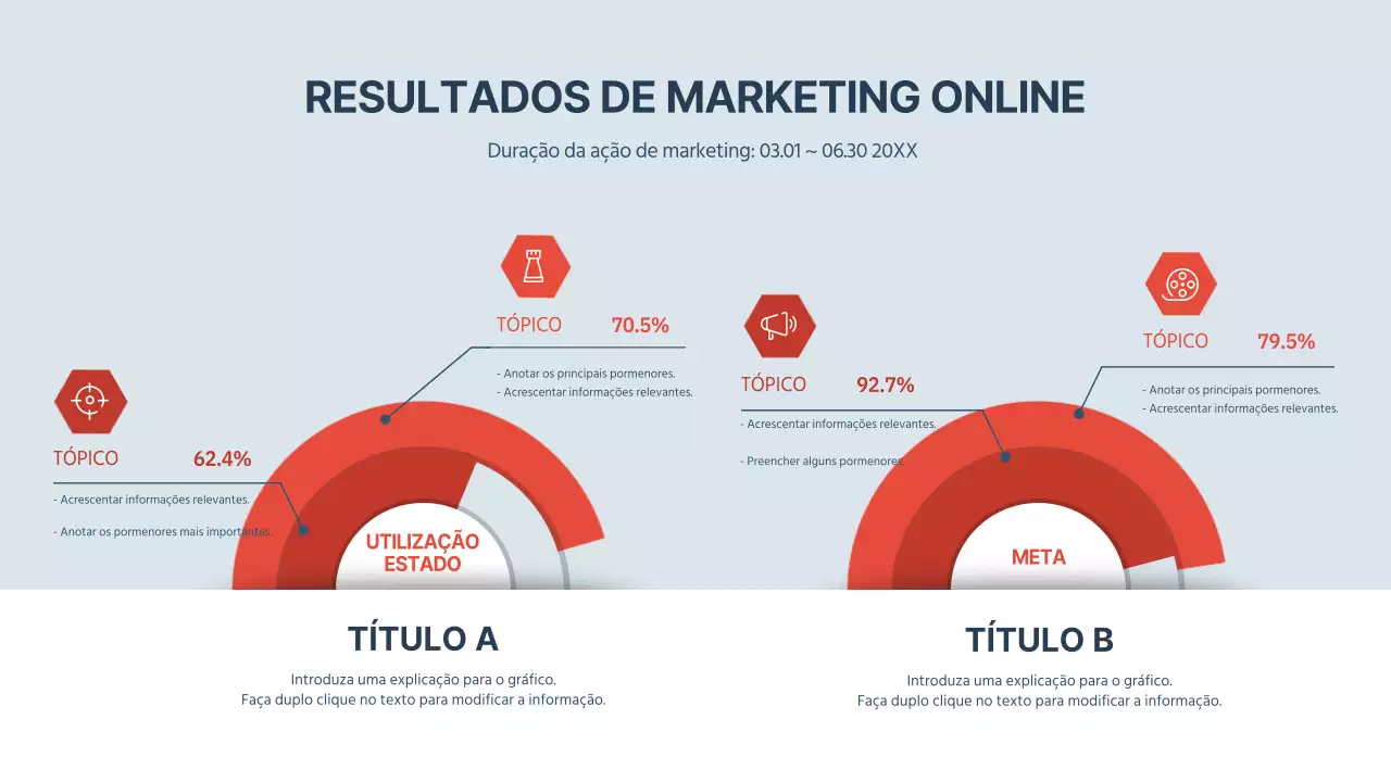 Gráfico de relatório de resultados operacionais de marketing online em azul-marinho e vermelho