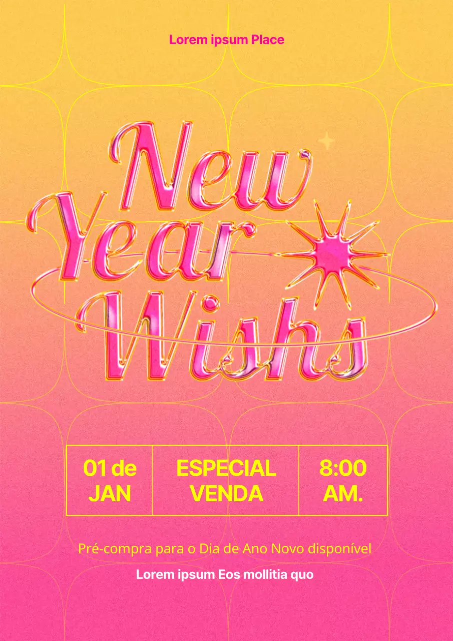 Cartaz de Ano Novo com letras de vidro tridimensionais em cor-de-rosa e amarelo