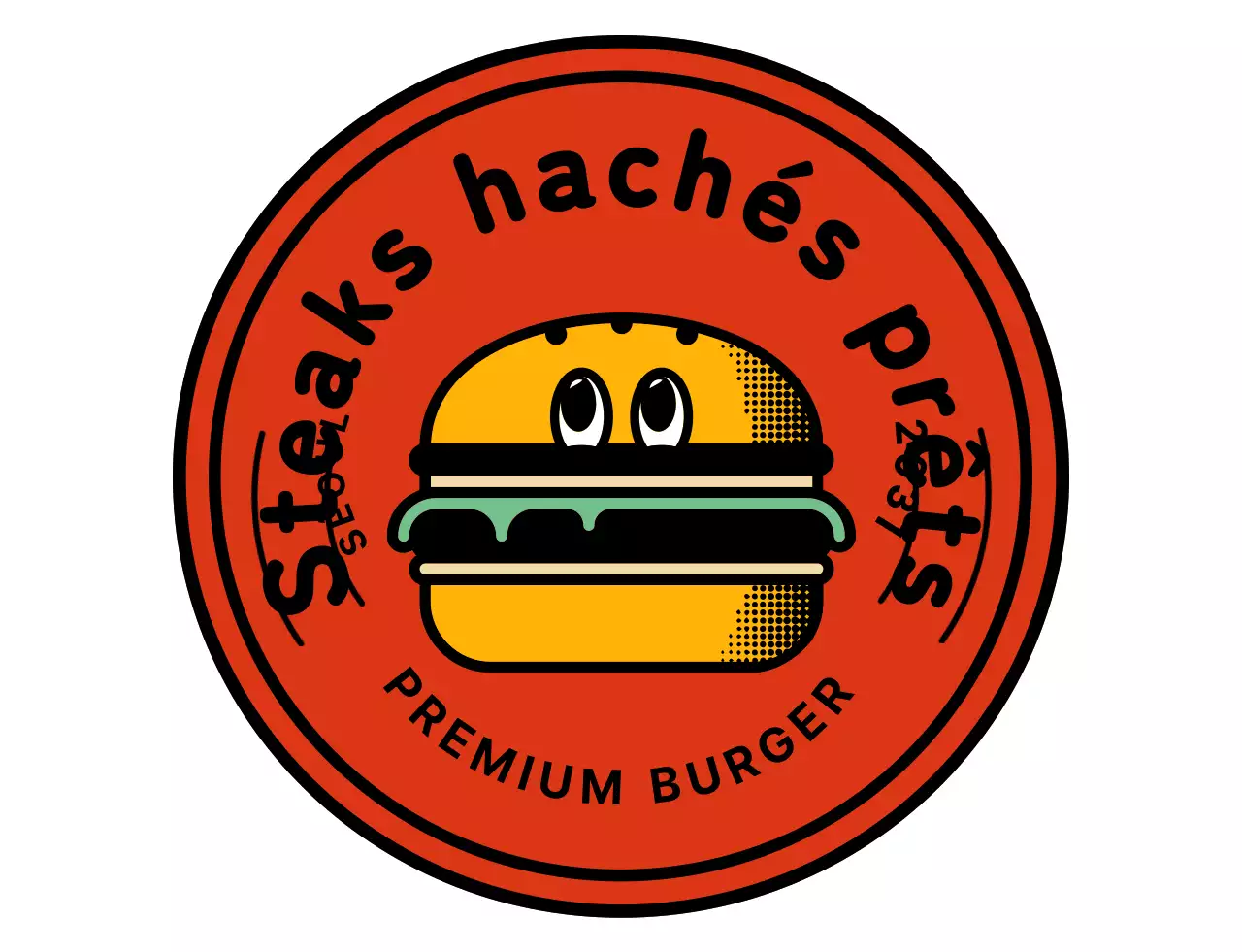 Un hamburger avec un joli logo de personnage rouge et orange