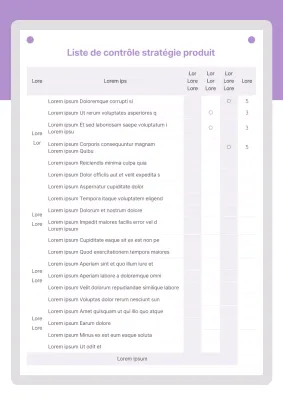 Stratégie de produit Liste de contrôle en violet Développement de produits Concurrence des produits Business Marketing Liste de contrôle Documentation
