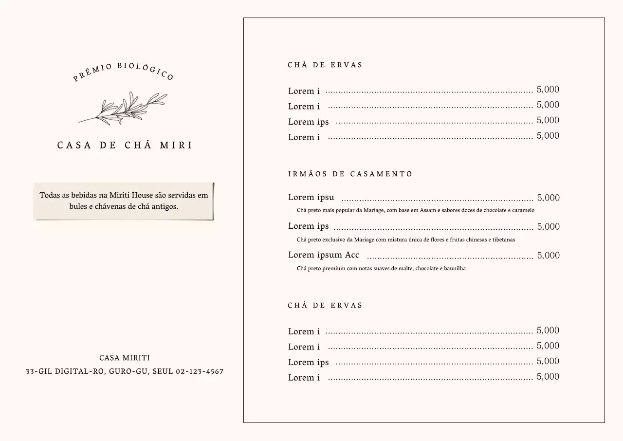 Menu do Simple Cafe