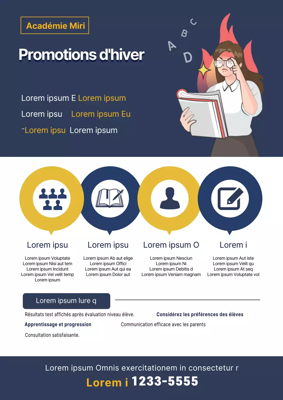 Illustration bleu marine jaune étude école publicité