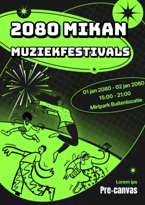 Affiche van muziekfestival met fluorescerend gekleurde dansende mensen op zwarte achtergrond