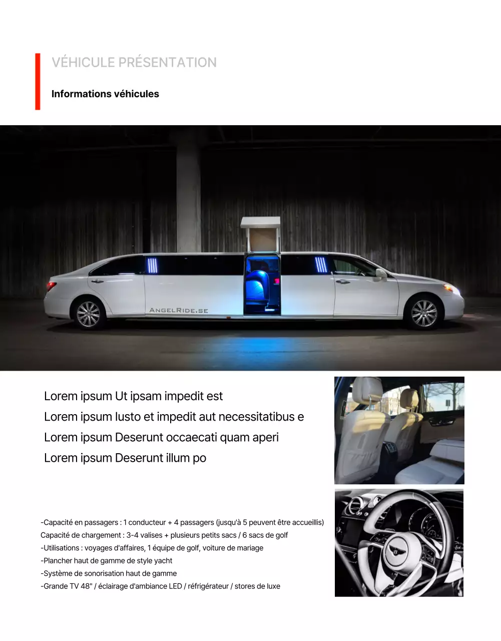 Page détaillée de la promotion d'une limousine en couleur rouge