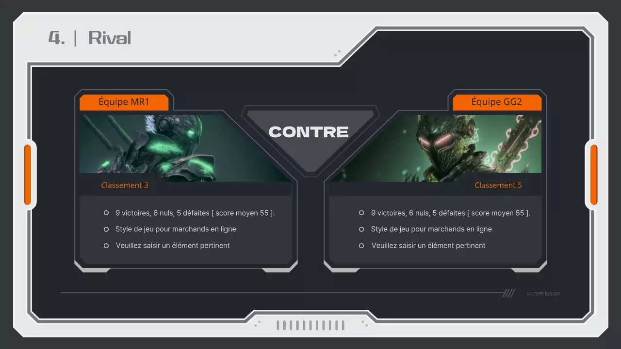 Rapport de stratégie de jeu avec un concept mécanique dans des couleurs neutres et orange.