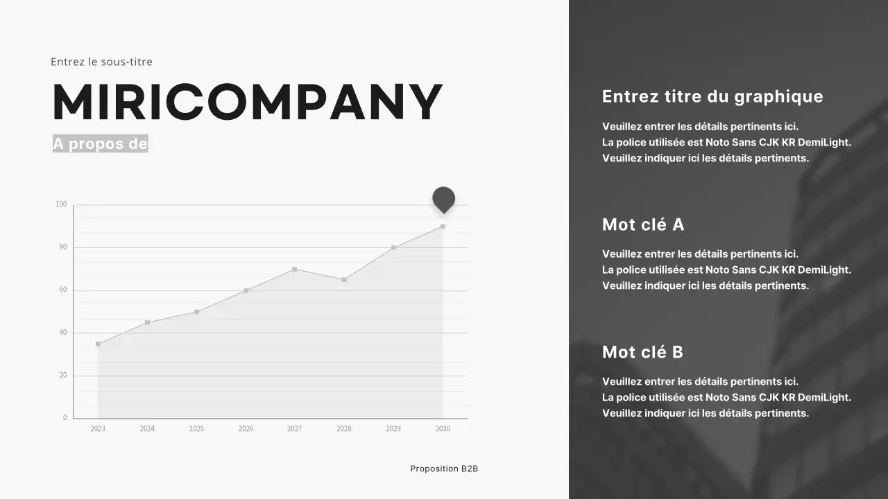 Présentation d'une proposition d'entreprise B2B dans des tons noirs et gris