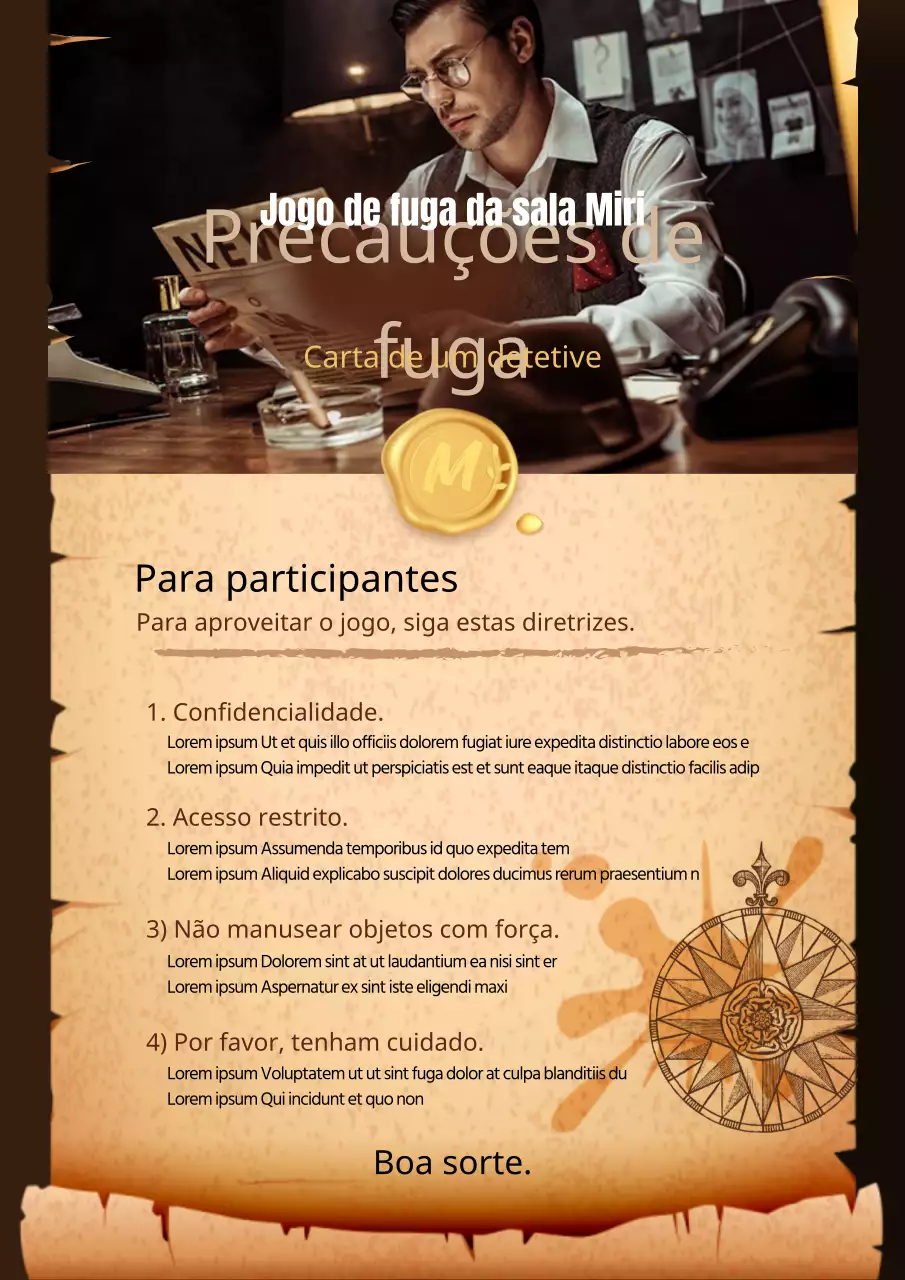 Advertências e promessas de Escape Room em papel de carta castanho e vintage.
