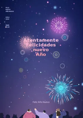 Cartel de Año Nuevo con vista nocturna púrpura Ilustración de fuegos artificiales de Nochevieja
