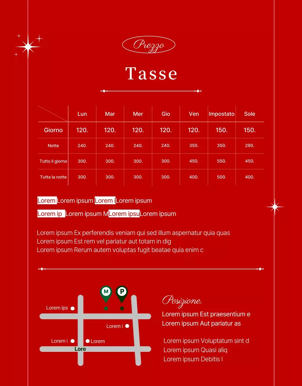 Presentazione dell'affitto di spazi verdi e rossi per le feste